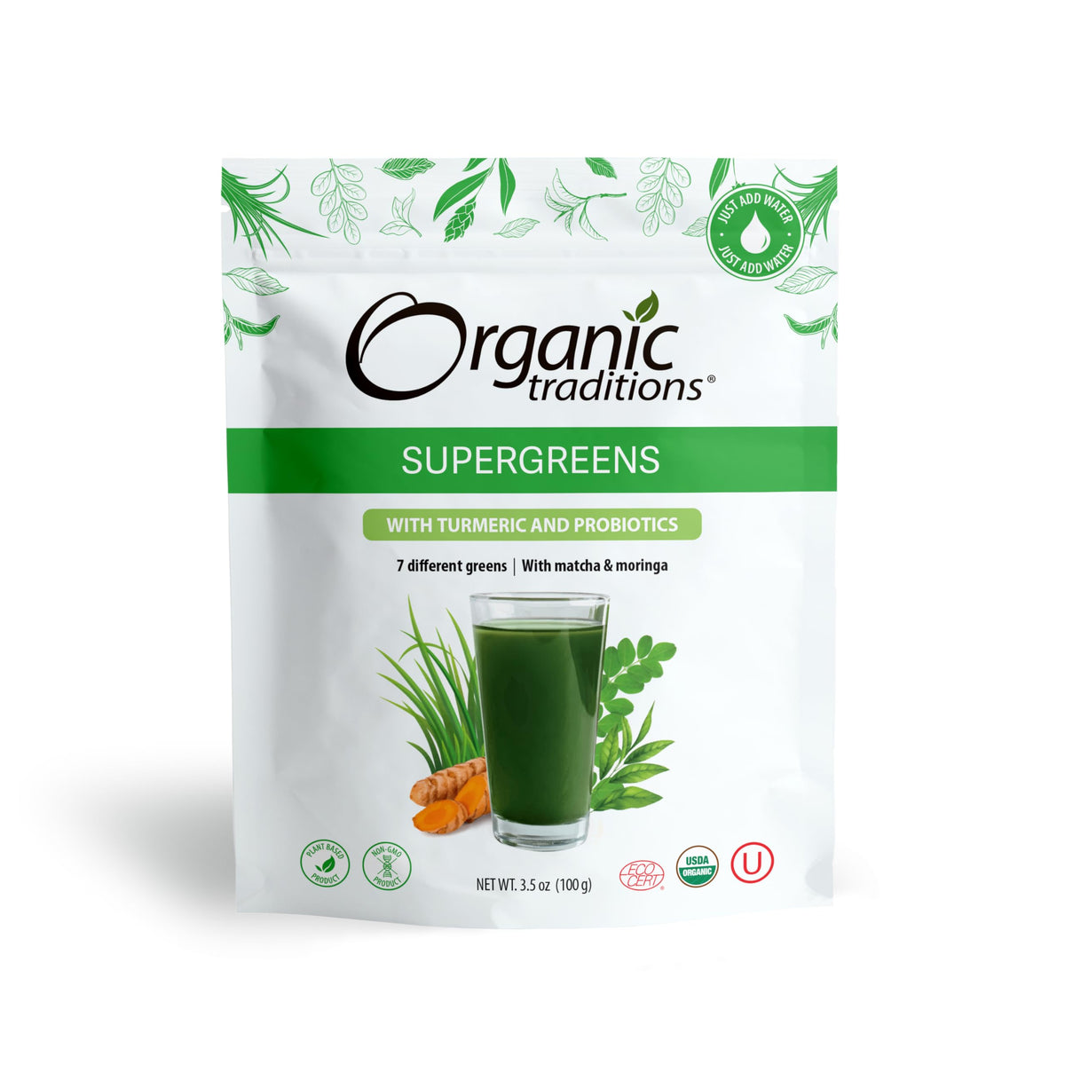 Organic Traditions supergreens powder with turmeric and probiotics pouch showing glass of green drink turmeric root and leaves