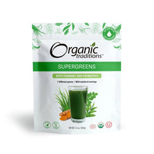 Organic Traditions supergreens pouch with green smoothie in cup
