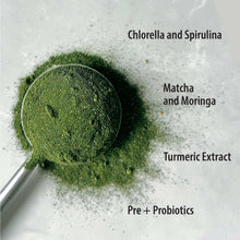 Green supergreens powder with scoop, labeled chlorella, spirulina, matcha, moringa