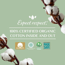Organic cotton and certification icons on panty liner packaging panel with cotton flowers