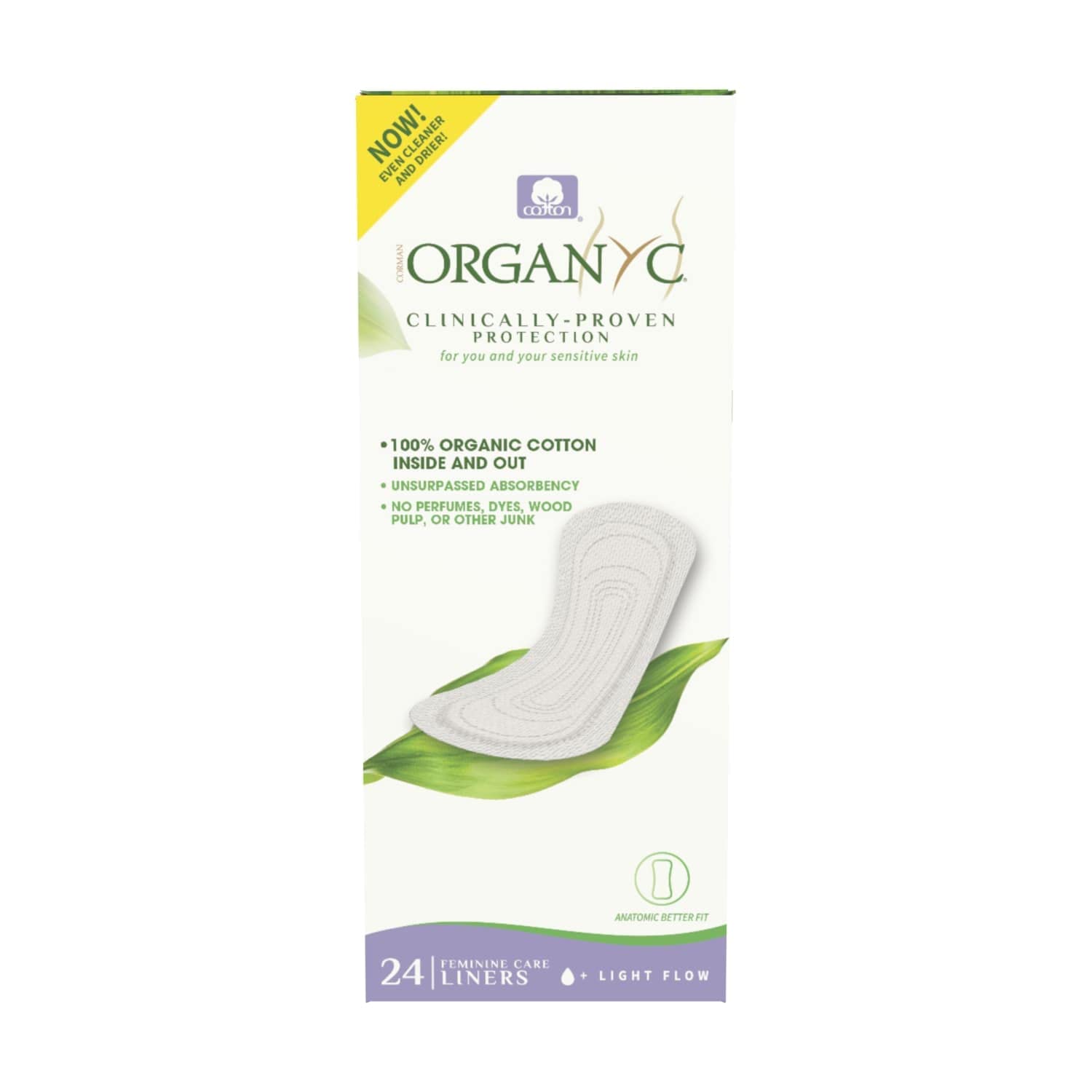 Organyc box of 24 organic cotton panty liners for light flow sensitive skin 100 percent cotton