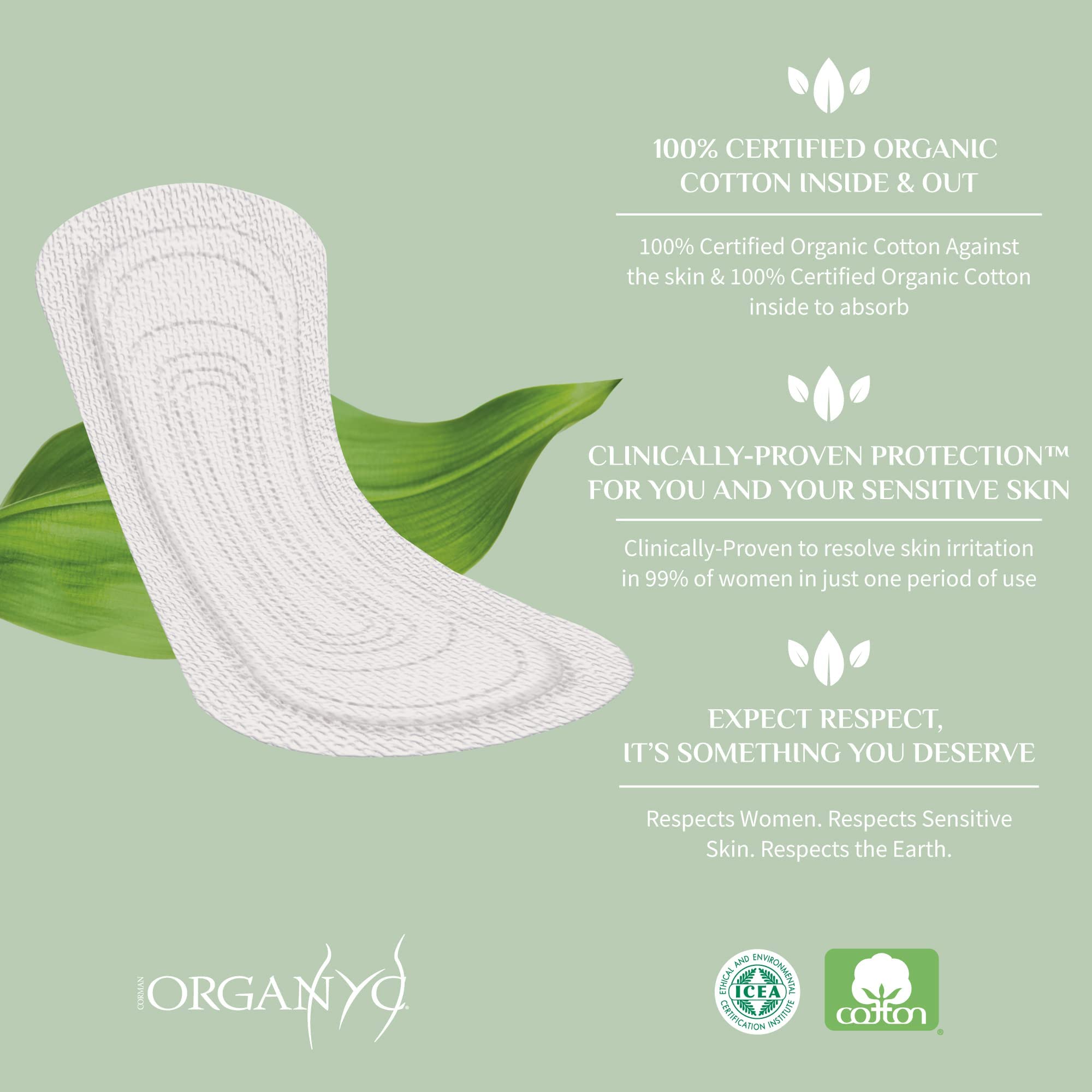 Organyc organic cotton panty liners single white liner on green background with leaf and 100 percent organic cotton text