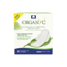 Organyc heavy flow night pads box, with 10 count and wings for feminine care