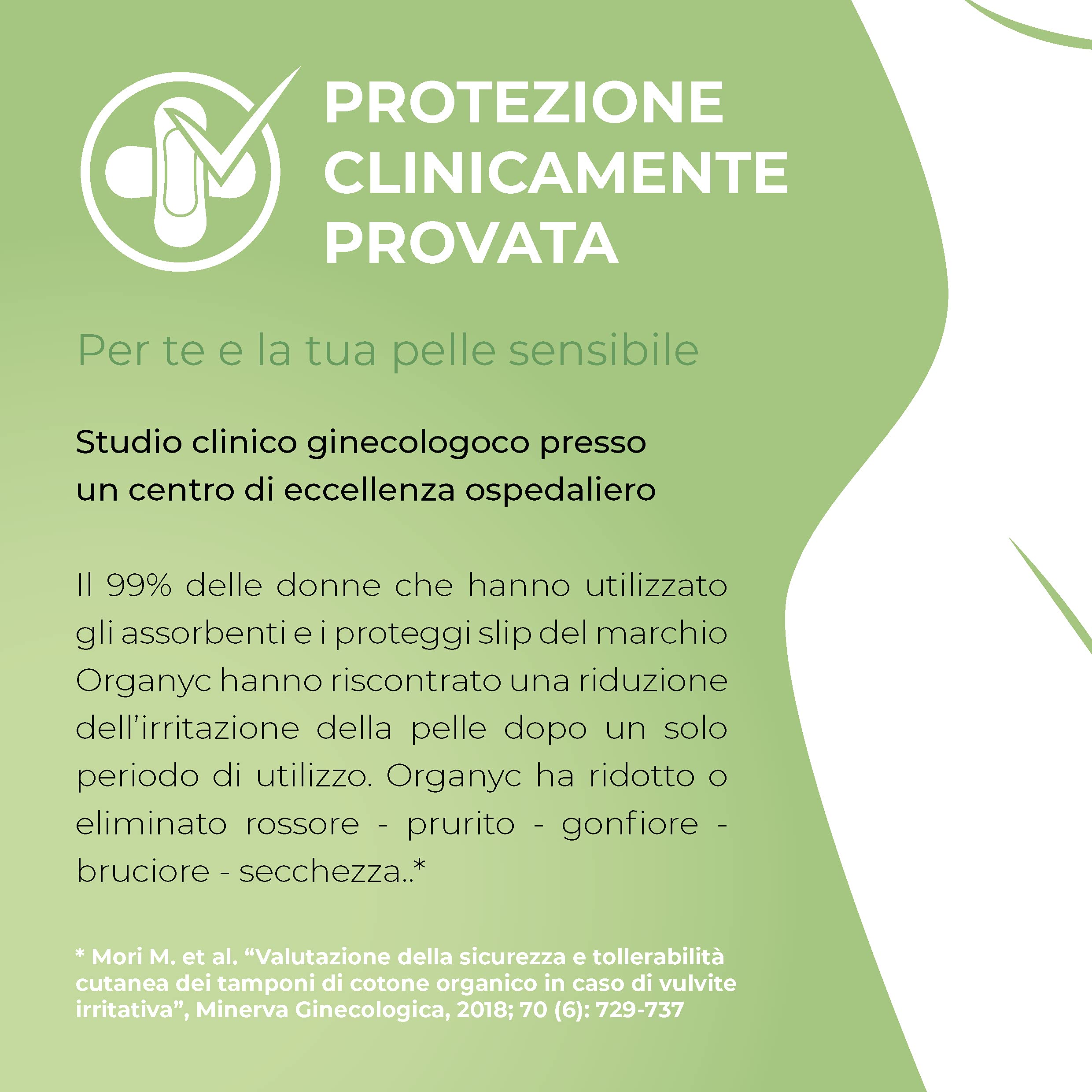 Organyc organic heavy flow night pads promotional graphic stating clinically proven protection for sensitive skin