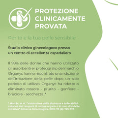 Organyc organic heavy flow night pads promotional graphic stating clinically proven protection for sensitive skin