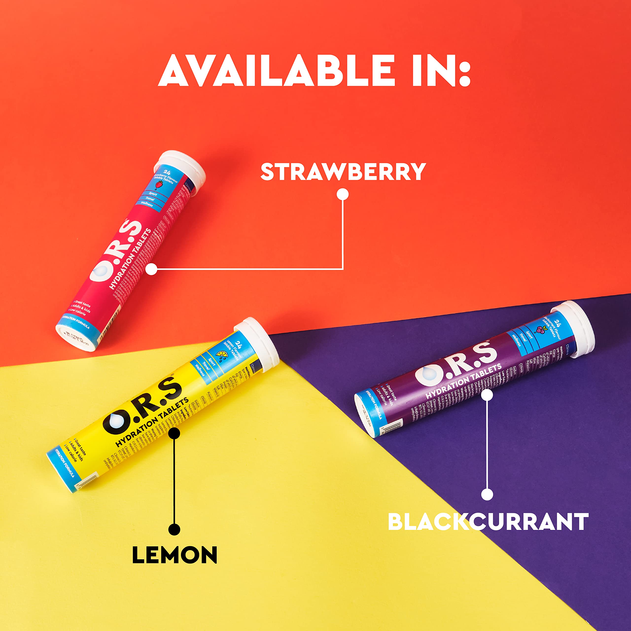 Three ORS tubes of ORS hydration tablets in strawberry lemon and blackcurrant flavors on colorful background