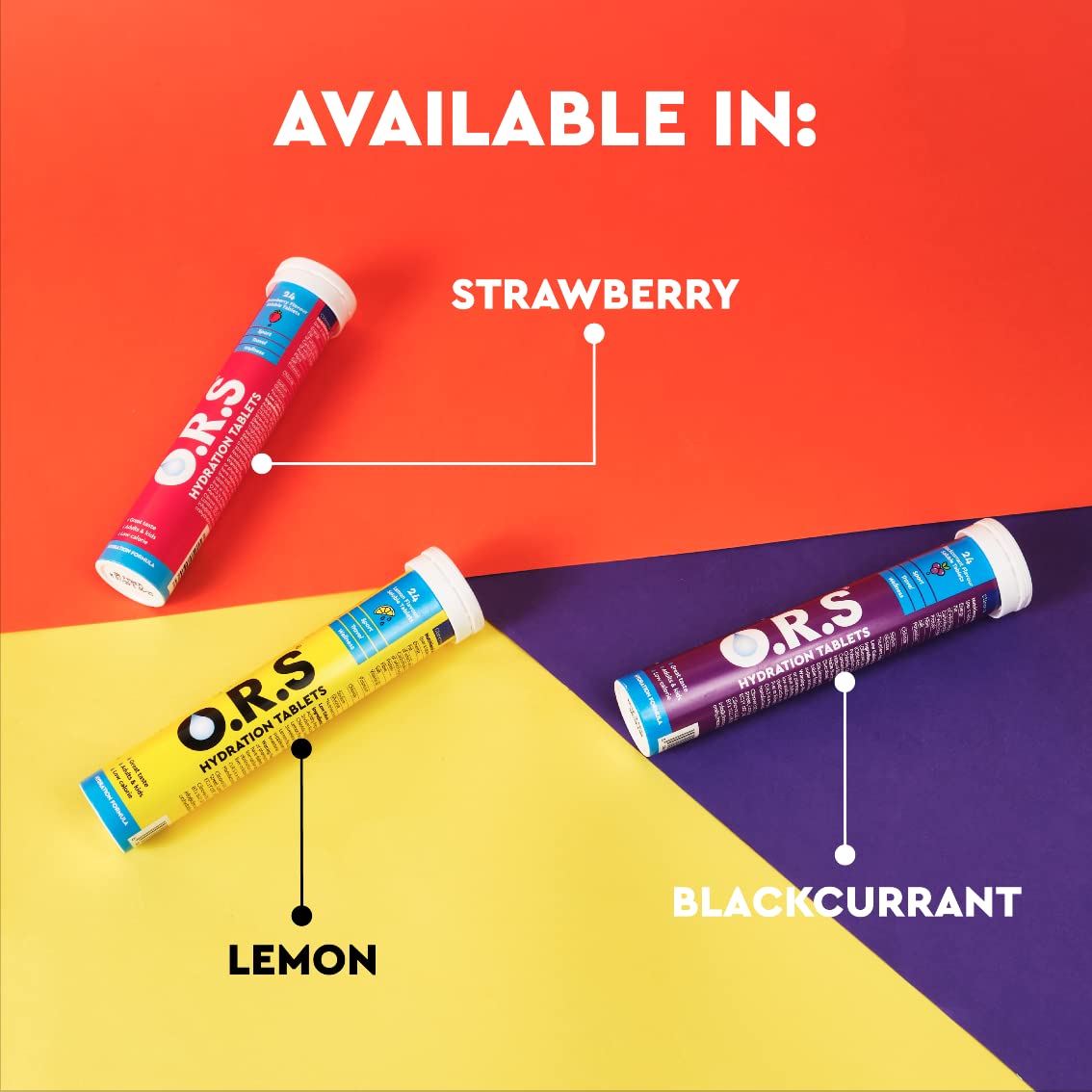 Three colorful ORS hydration tubes strawberry lemon blackcurrant on bright background ORS hydration tablets lemon flavor