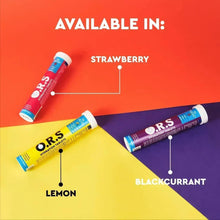 O.R.S hydration tablets assorted flavours shown: lemon, strawberry, and blackcurrant.