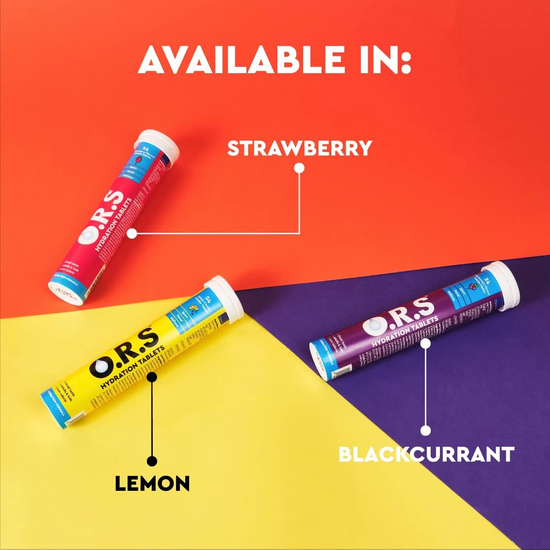 ORS hydration tablets lemon flavor tube shown with strawberry and blackcurrant tubes on colorful background labeled available in