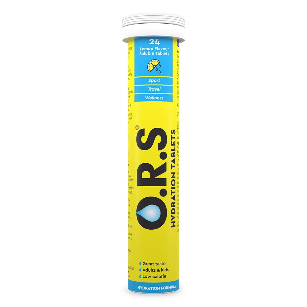ORS yellow tube of ORS hydration tablets lemon flavor for sport travel wellness adults and kids