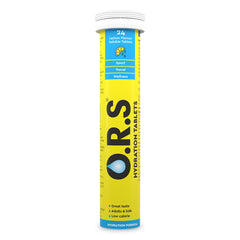 ORS yellow tube of ORS hydration tablets lemon flavor for sport travel wellness adults and kids