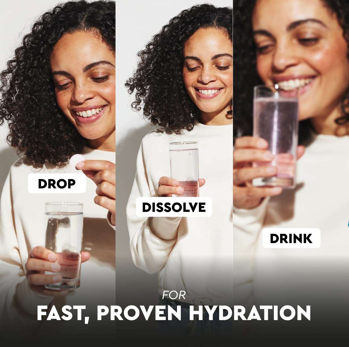 Woman dropping dissolving and drinking a tablet in water demonstrating ORS hydration tablets lemon flavor for fast hydration