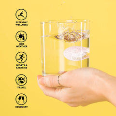 Hand holding glass with dissolving effervescent tablet and icons ORS hydration tablets lemon flavor for sports travel recovery