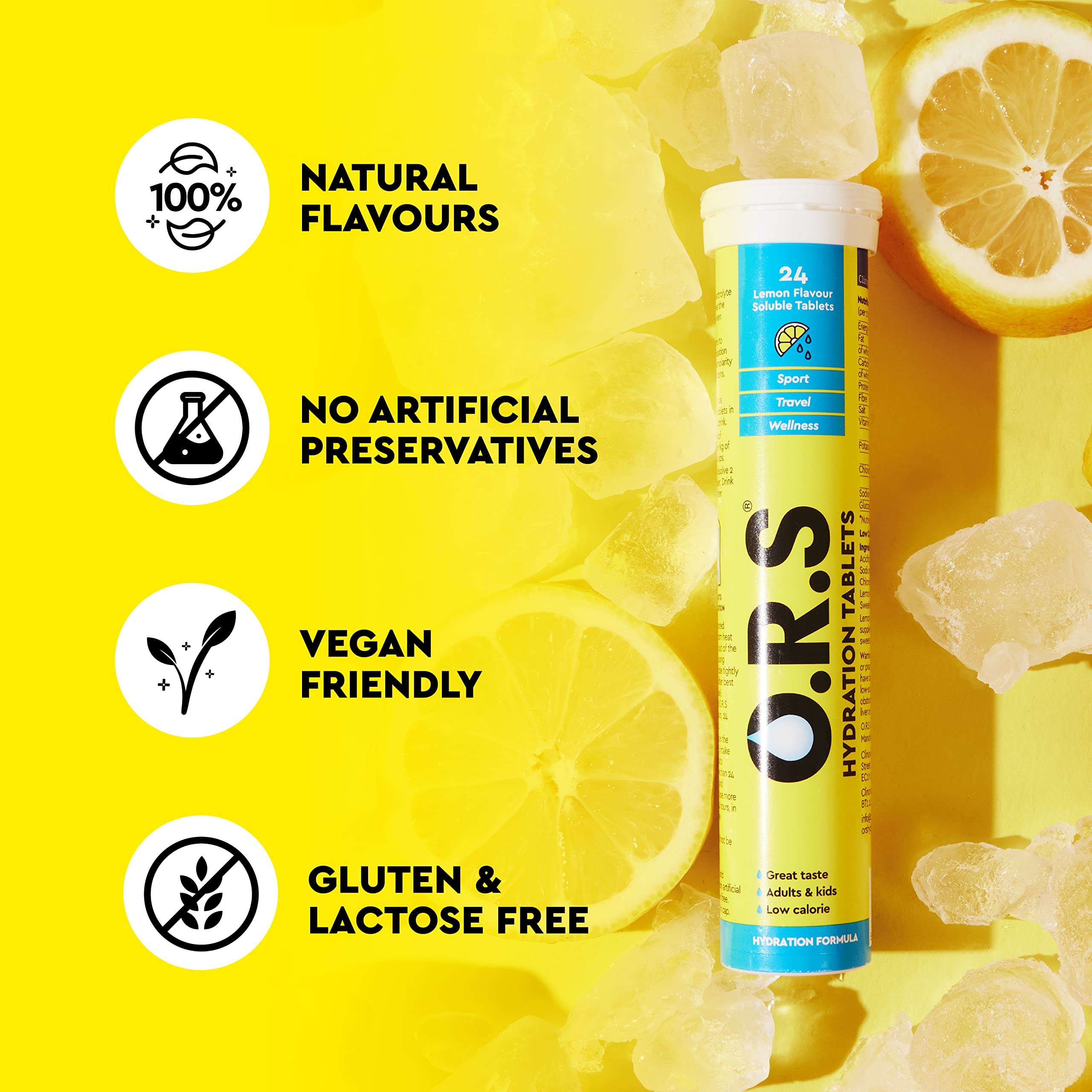 ORS hydration tablets lemon flavor tube on yellow background with lemon slices ice and icons for vegan and gluten free