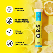 O.R.S hydration tablets tube with natural lemon flavour; vegan and gluten & lactose free.