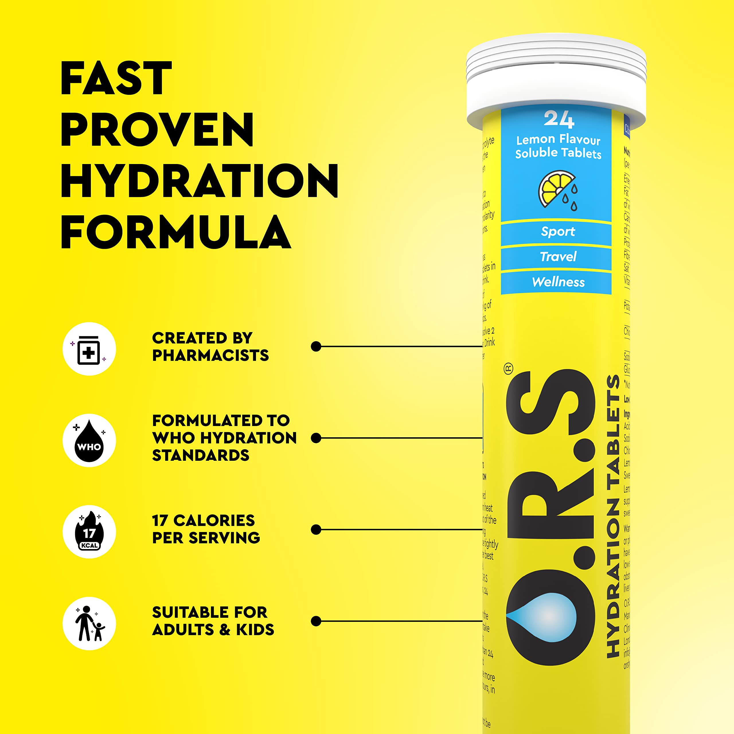 ORS hydration tablets lemon flavor tube on yellow background showing hydration benefits and icons