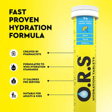 O.R.S hydration tablets tube showing 24 soluble tablets and lemon flavour info.