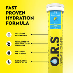 ORS hydration tablets lemon flavor tube on yellow background showing hydration benefits and icons