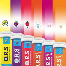 Assorted hydration tablets canisters lineup with different flavor labels