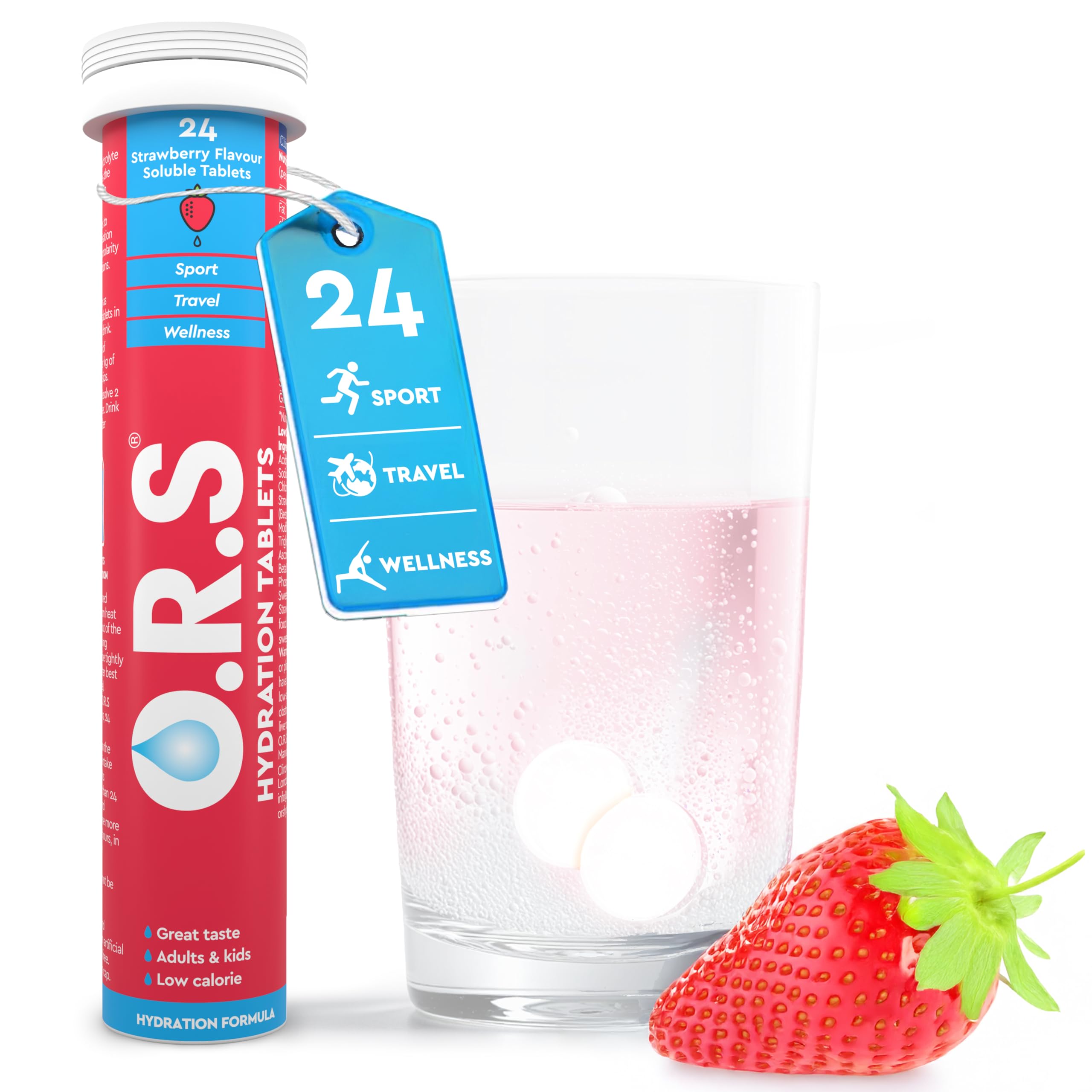 Tube of ORS hydration tablets next to a glass with fizzing strawberry flavor tablet and fresh strawberry