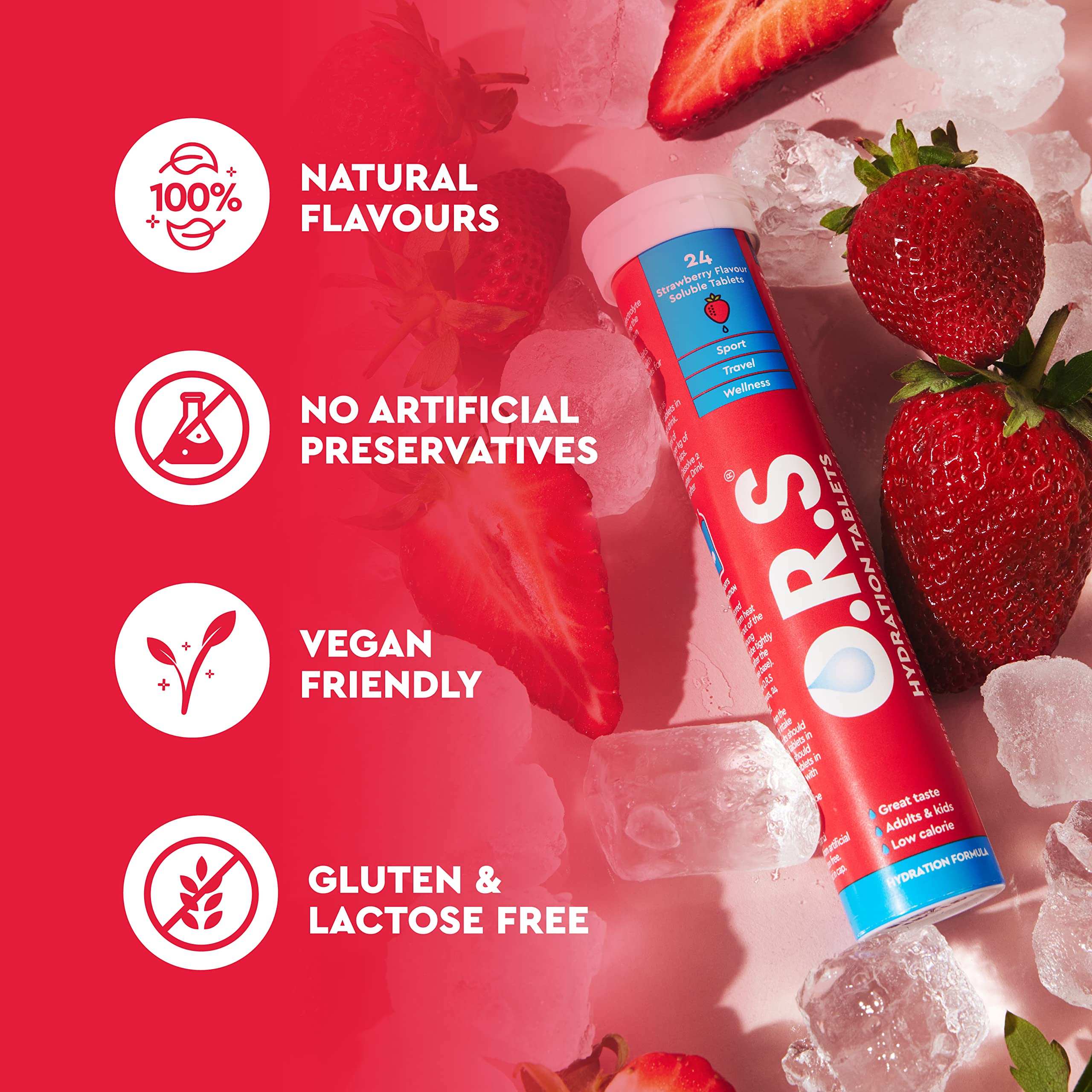 ORS hydration tablets strawberry tube on ice with fresh strawberries and icons for vegan natural flavours