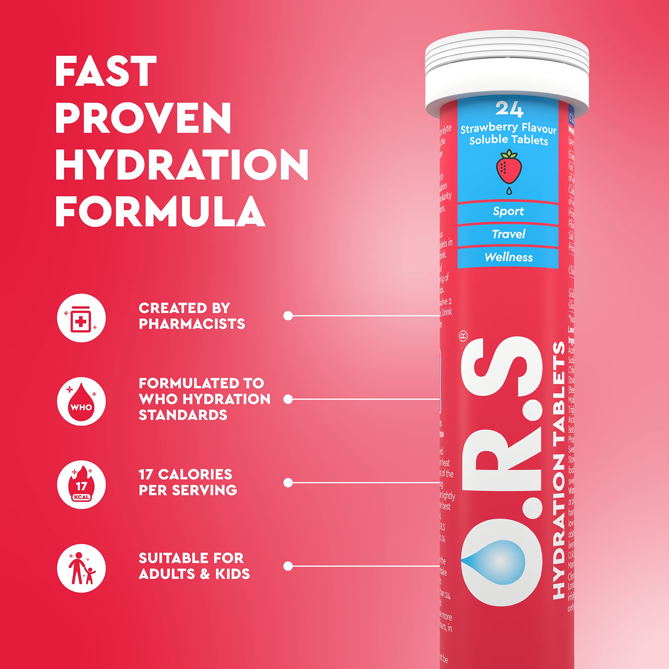 Tube of strawberry ORS hydration tablets showing 24 soluble tablets and benefits for sport travel and wellness