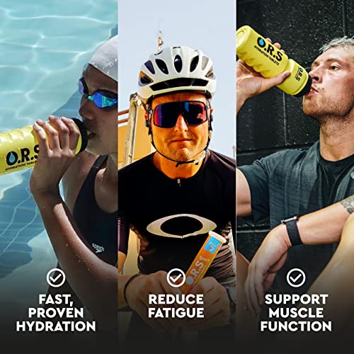 Three panel image of swimmer cyclist and gym athlete drinking from ORS bottles with ORS sport hydration tablets orange box visible
