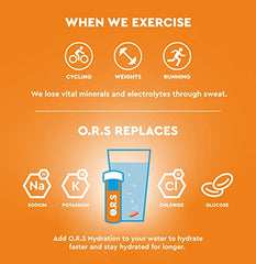 ORS sport hydration tablets orange tube dissolving in water with cycling weights running icons and electrolytes