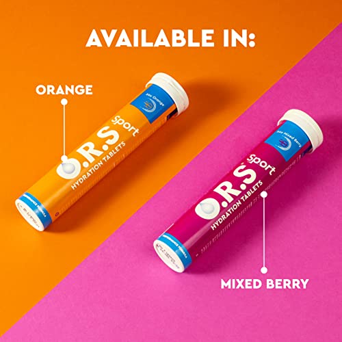 ORS sport hydration tablets orange tube and mixed berry tube by ORS displayed on orange and pink background