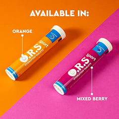 ORS sport hydration tablets orange tube and mixed berry tube by ORS displayed on orange and pink background