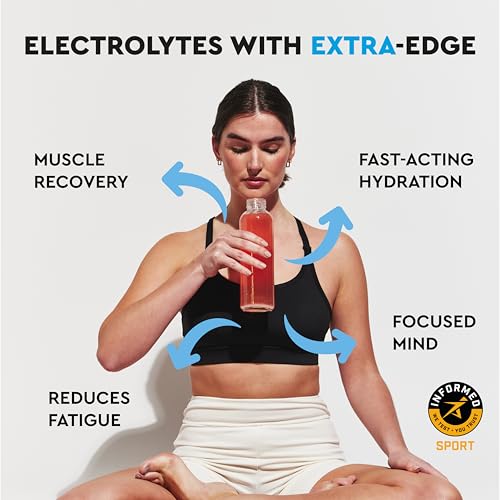 Woman in black sports bra holding orange drink bottle with text listing benefits for ORS sport hydration tablets orange