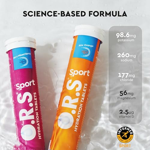 ORS sport hydration tablets orange tube next to mixed berry tube on wet surface showing nutrient facts