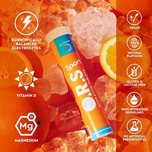 ORS sport hydration tablets orange tube on ice with fresh orange slices and hydration benefit icons