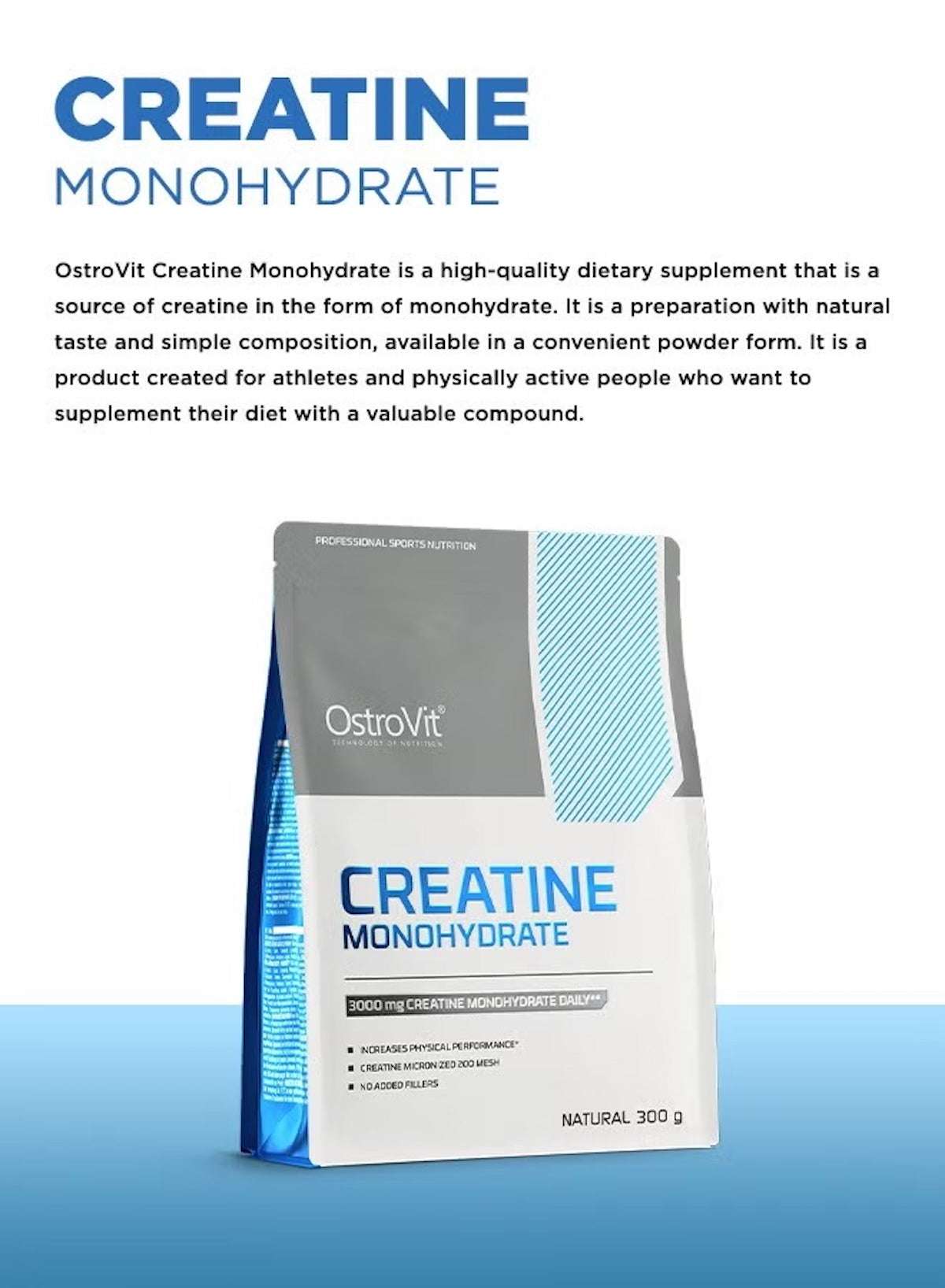 OstroVit Creatine Monohydrate Supplement UAE in a 300g powder package for athletes and active individuals