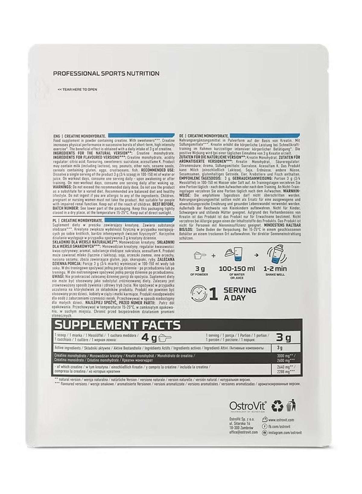 OstroVit Creatine Monohydrate Supplement UAE with detailed nutritional information on the back packaging
