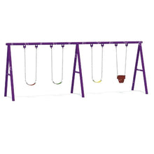 Purple kids swing set frame with multiple hanging swing seats and chains