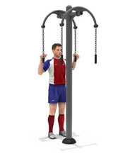 Standing arm stretching fitness equipment with overhead handles and hanging chains
