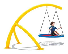 Outdoor swing set with yellow curved frame and blue nest seat, hanging by ropes