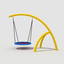 Yellow outdoor swing frame with two rope hangers and blue nest swing seat
