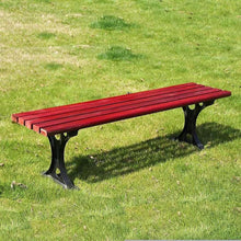 Red slatted outdoor bench with black steel legs and wide seat frame