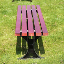 Red slatted bench seat front view with black steel pedestal base