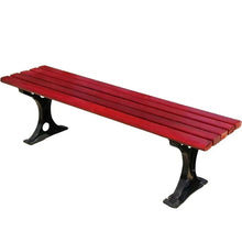 Red slatted outdoor bench with black steel end supports and angled legs