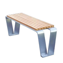 Outdoor bench with light wood slat seat and gray metal frame, side view