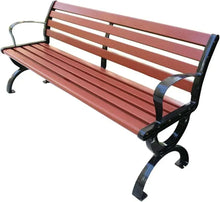 Outdoor bench with red slatted seat and backrest, black curved metal armrests