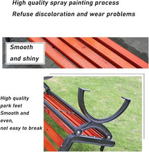Outdoor bench leg and curved support piece with red slats, black metal frame