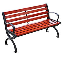 Outdoor park bench with red slatted seat and back, black metal frame and curved arms