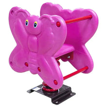 Pink animal spring rider with curved seat, red rails, black mounting base