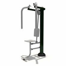 Single seated chest exerciser with green frame, chest pad, and foot pedals