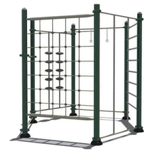 Outdoor climbing cube play structure with green frame, rope grid and hanging discs