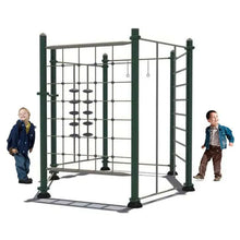 Outdoor climbing cube play structure, green ladder sides and rope grid with hanging discs